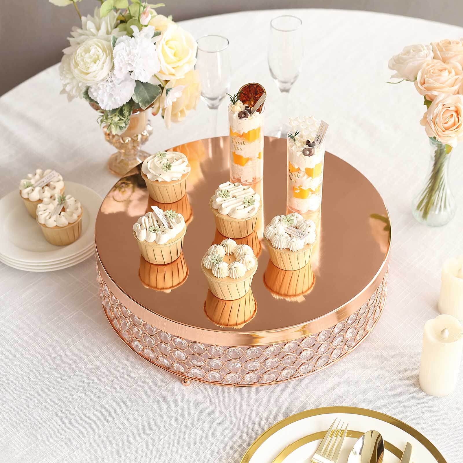 Metal Cake Stand Pedestal Crystal Beaded Design Rose Gold - Cupcake Display and Dessert Riser 16" - Linen Luxes