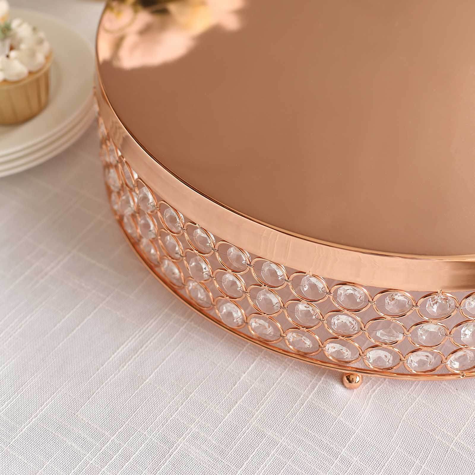 Metal Cake Stand Pedestal Crystal Beaded Design Rose Gold - Cupcake Display and Dessert Riser 16" - Linen Luxes