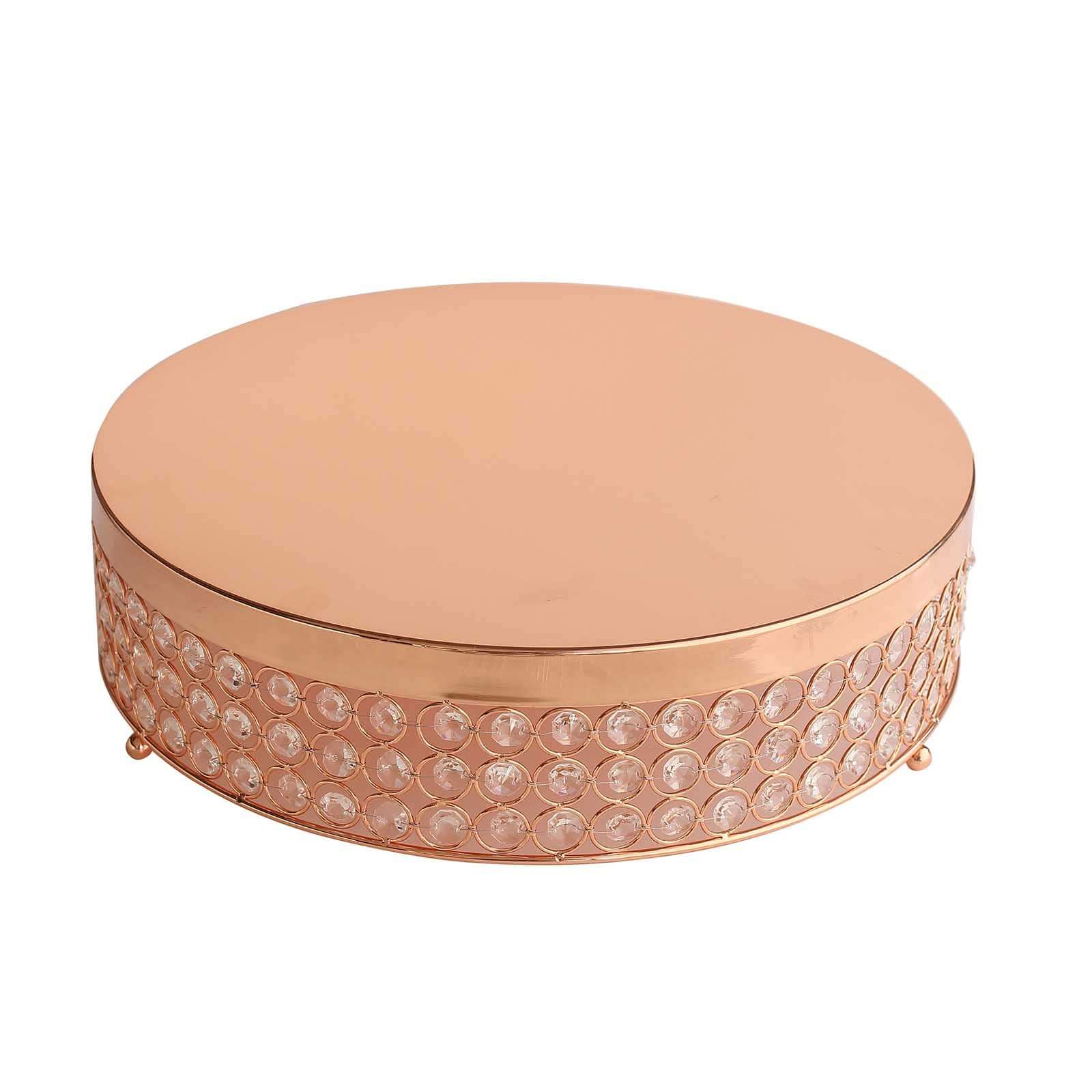Metal Cake Stand Pedestal Crystal Beaded Design Rose Gold - Cupcake Display and Dessert Riser 16" - Linen Luxes