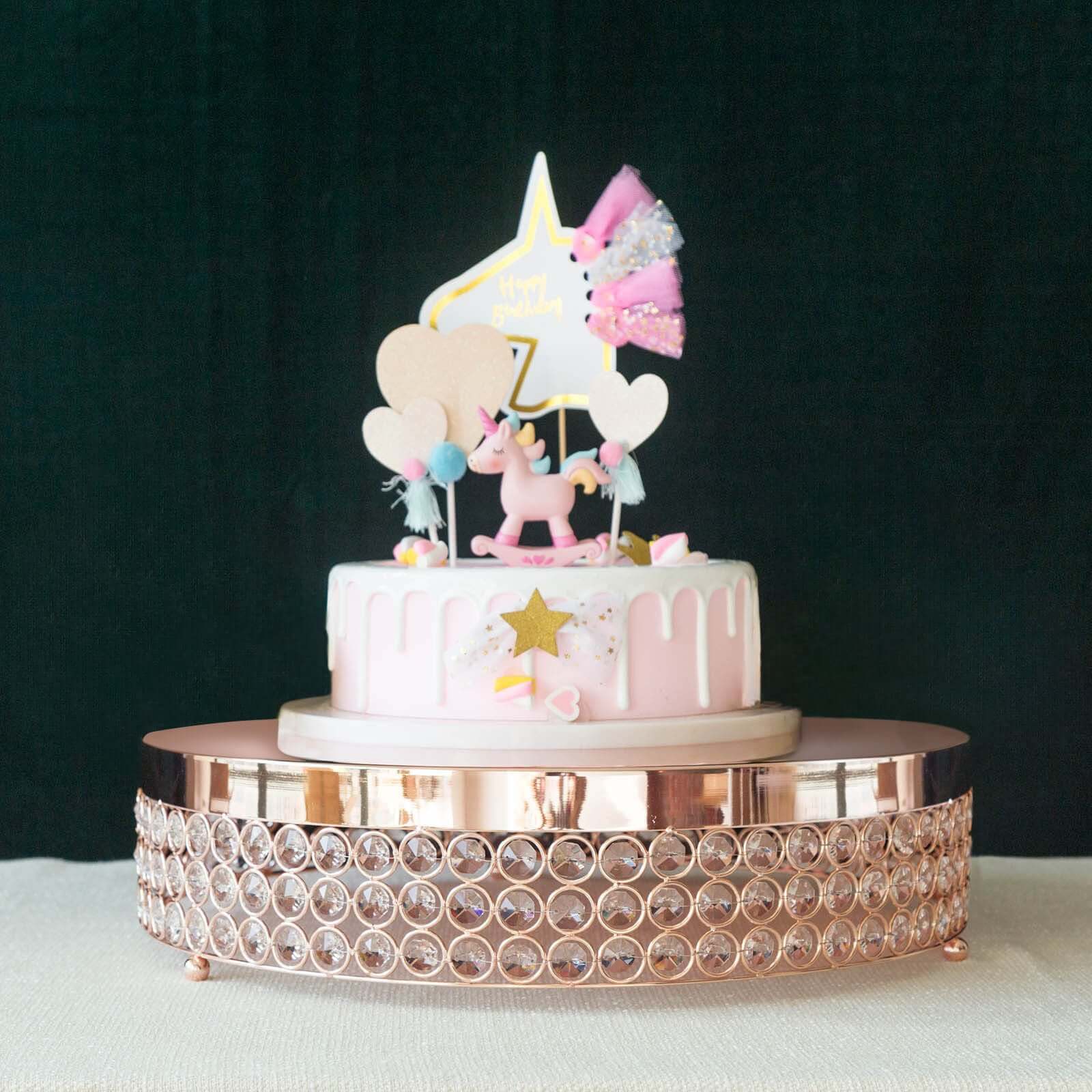 Metal Cake Stand Pedestal Crystal Beaded Design Rose Gold - Cupcake Display and Dessert Riser 16" - Linen Luxes