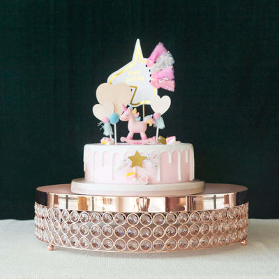 Metal Cake Stand Pedestal Crystal Beaded Design Rose Gold - Cupcake Display and Dessert Riser 16" - Linen Luxes