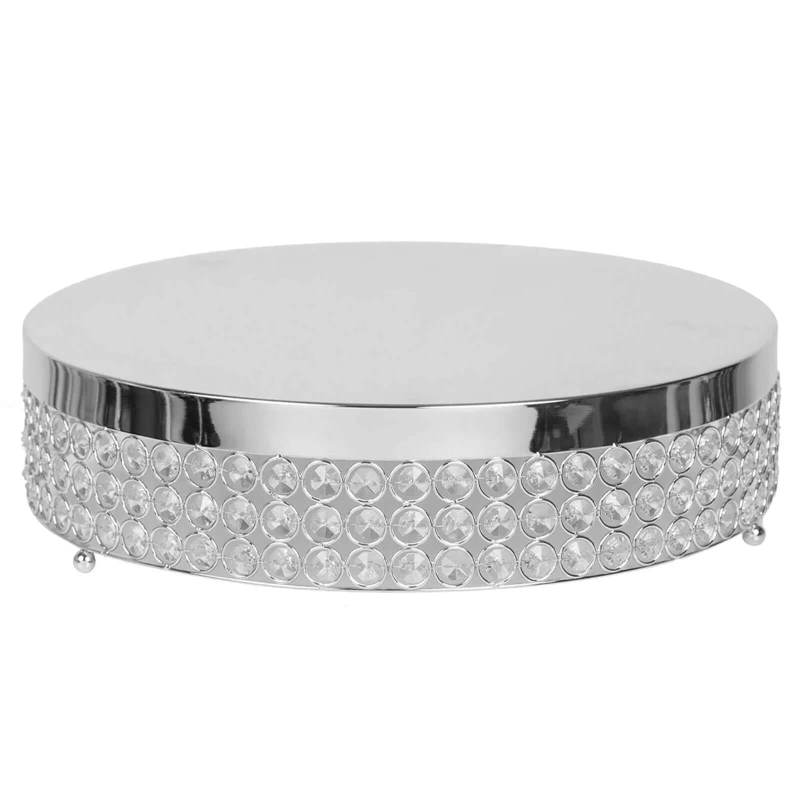 Metal Cake Stand Pedestal Crystal Beaded Design Silver - Cupcake Display and Dessert Riser 13" - Linen Luxes