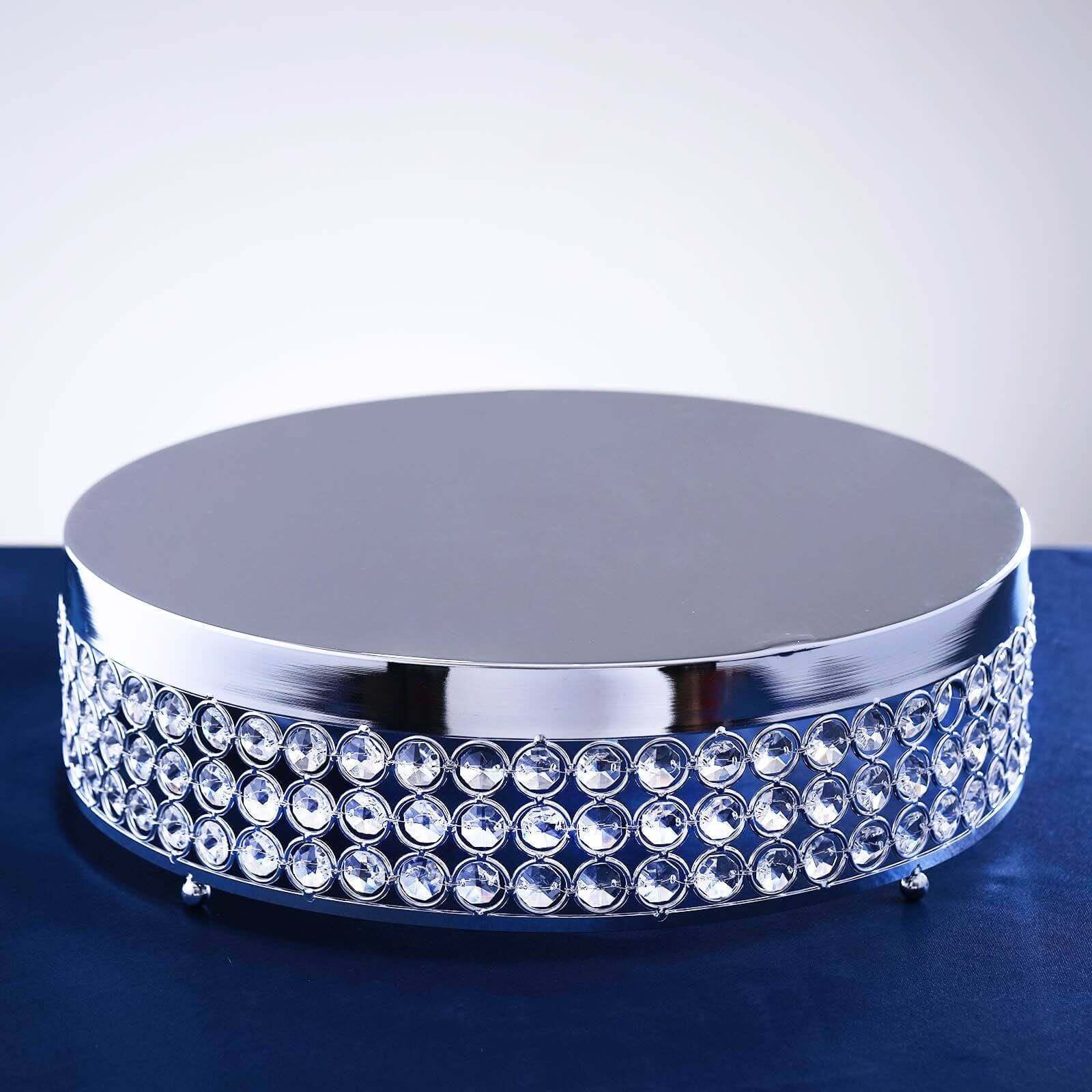 Metal Cake Stand Pedestal Crystal Beaded Design Silver - Cupcake Display and Dessert Riser 13" - Linen Luxes