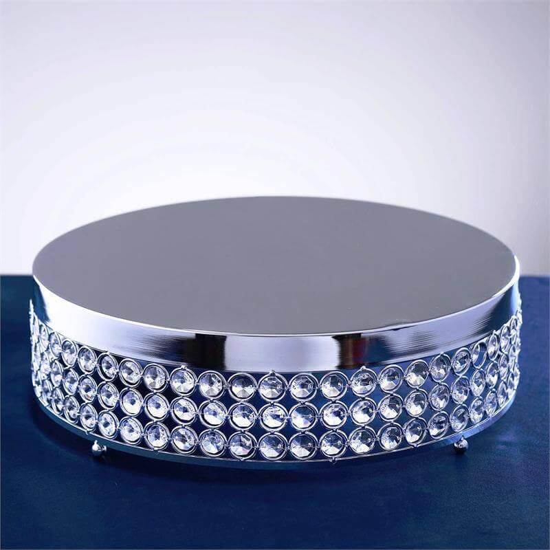 Metal Cake Stand Pedestal Crystal Beaded Design Silver - Cupcake Display and Dessert Riser 13" - Linen Luxes