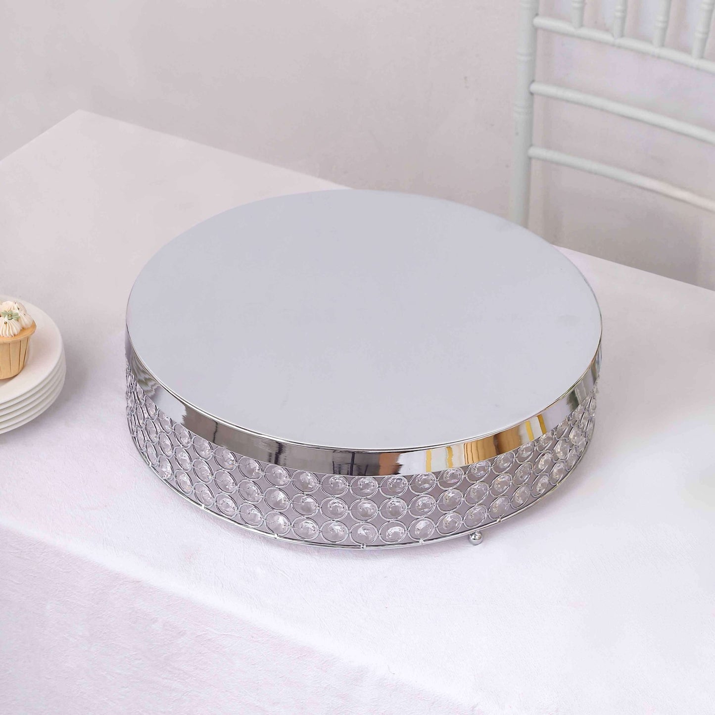 Metal Cake Stand Pedestal Crystal Beaded Design Silver - Cupcake Display and Dessert Riser 16" - Linen Luxes