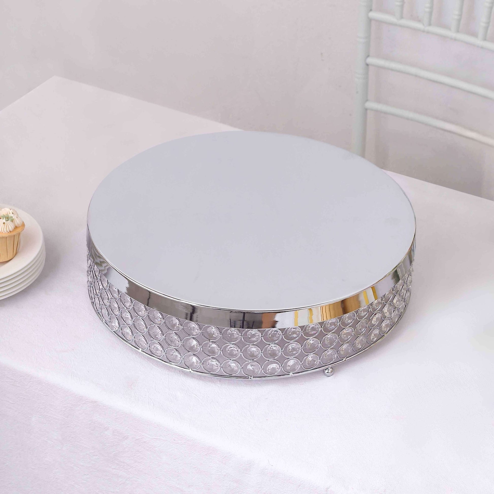 Metal Cake Stand Pedestal Crystal Beaded Design Silver - Cupcake Display and Dessert Riser 16" - Linen Luxes