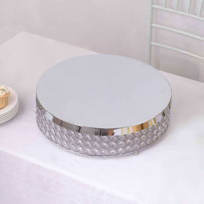 Metal Cake Stand Pedestal Crystal Beaded Design Silver - Cupcake Display and Dessert Riser 16" - Linen Luxes