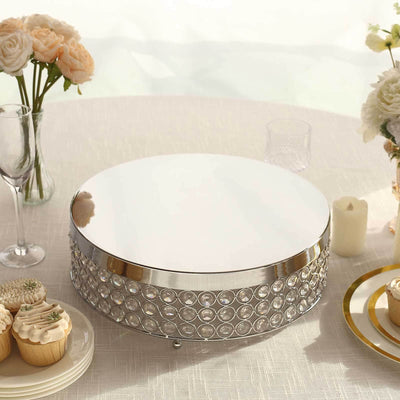 Metal Cake Stand Pedestal Crystal Beaded Design Silver - Cupcake Display and Dessert Riser 16" - Linen Luxes