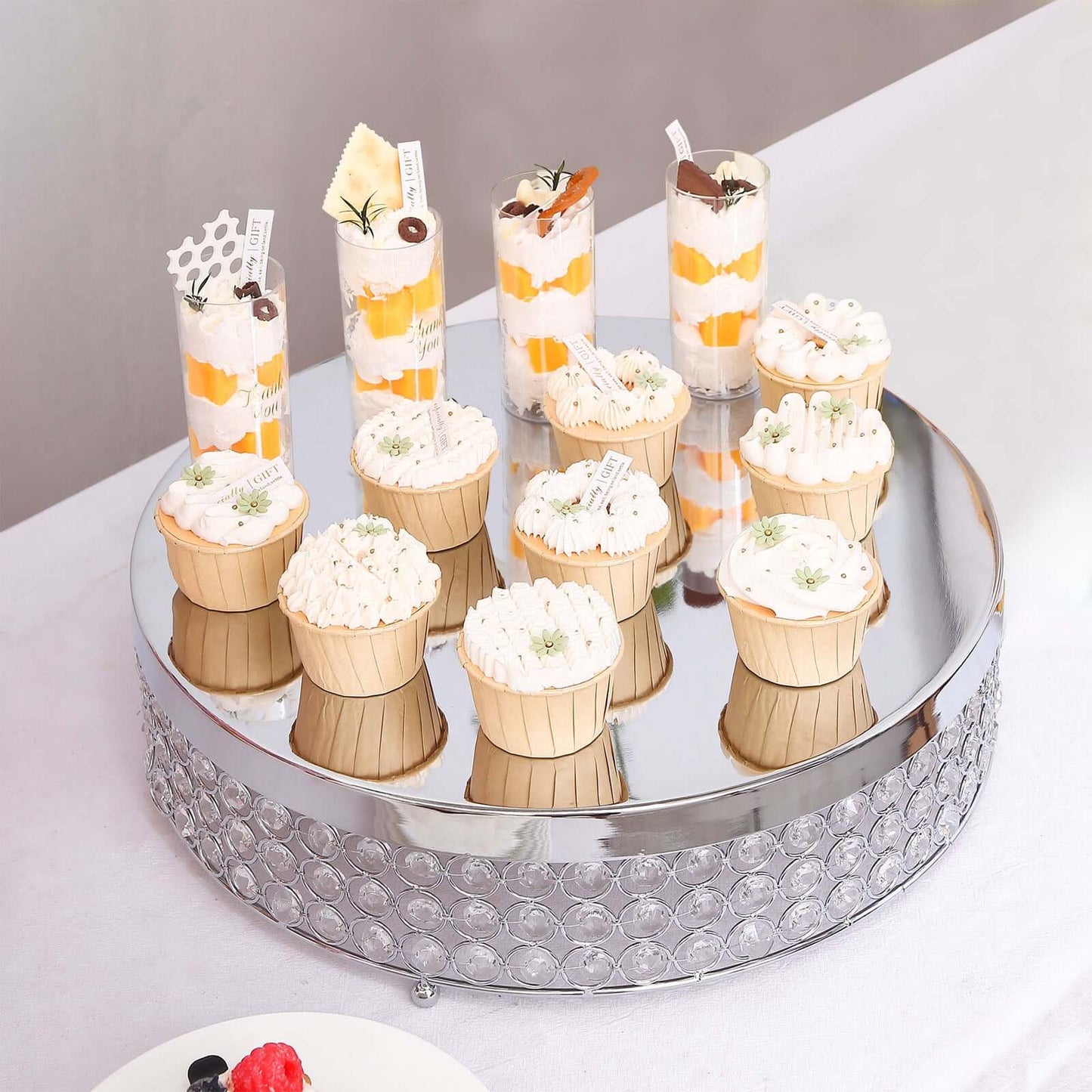 Metal Cake Stand Pedestal Crystal Beaded Design Silver - Cupcake Display and Dessert Riser 16" - Linen Luxes