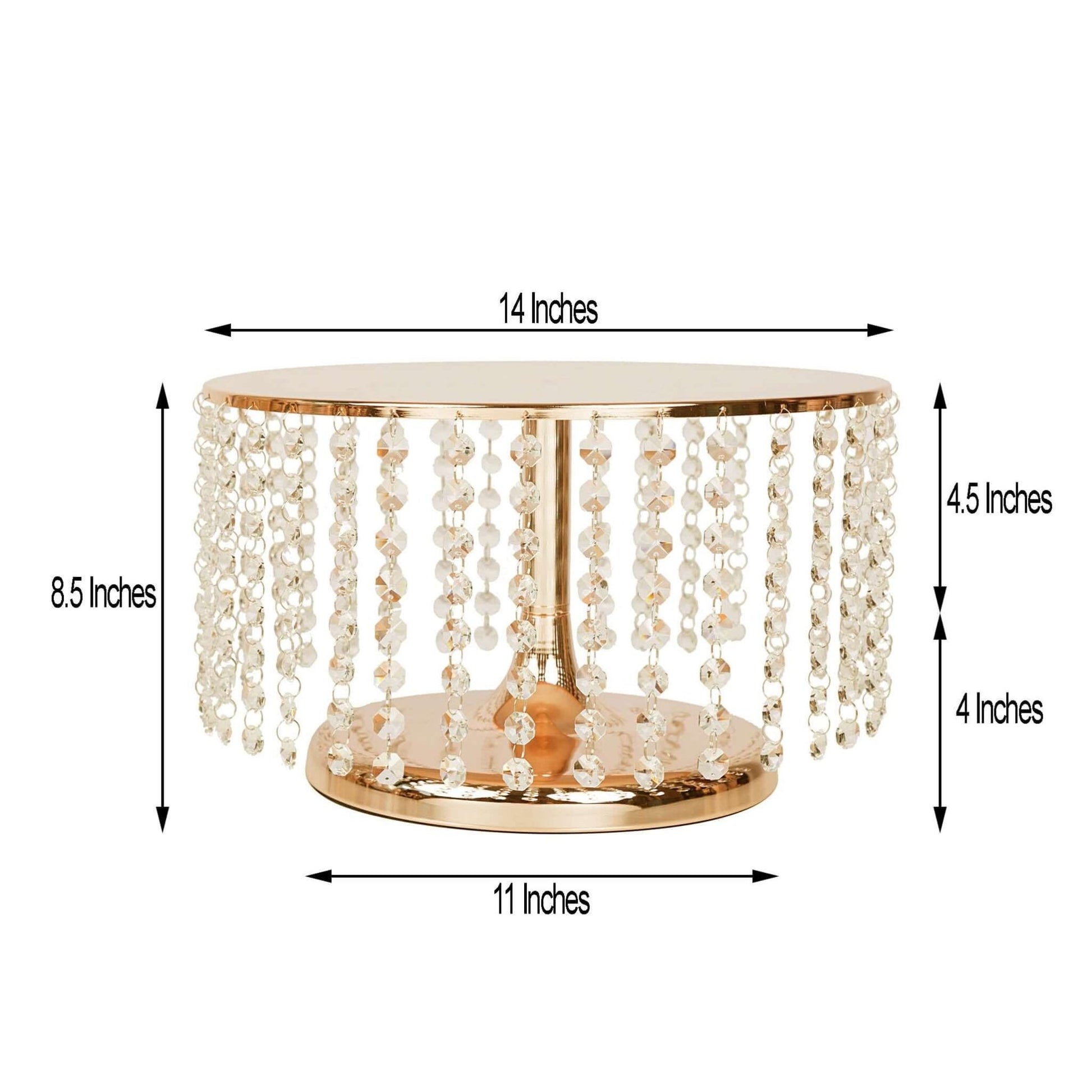 Metal Cake Stand Round Design Metallic Gold with Crystal Chains 14" Dia - Cupcake Dessert Pedestal 8" Tall - Linen Luxes