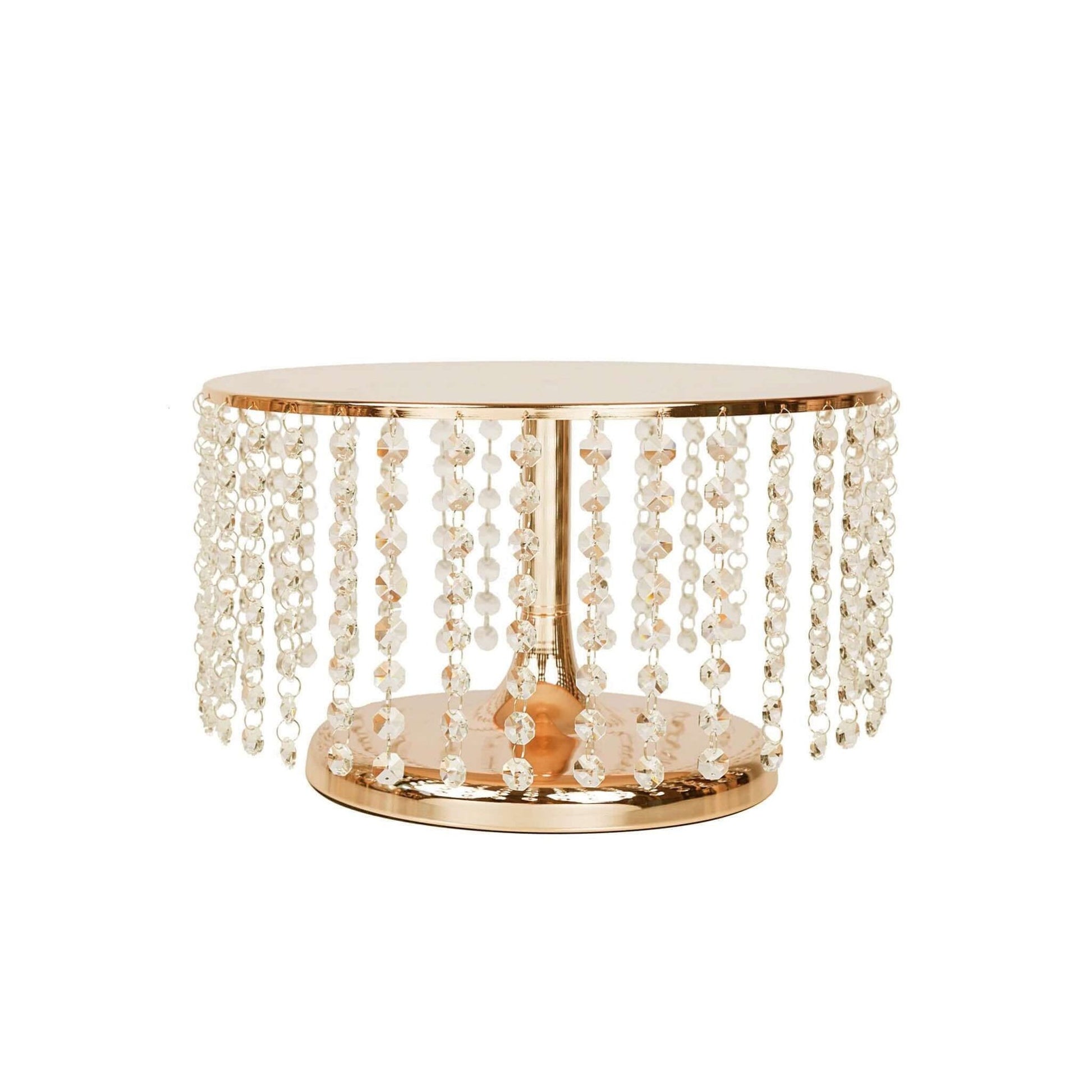 Metal Cake Stand Round Design Metallic Gold with Crystal Chains 14" Dia - Cupcake Dessert Pedestal 8" Tall - Linen Luxes