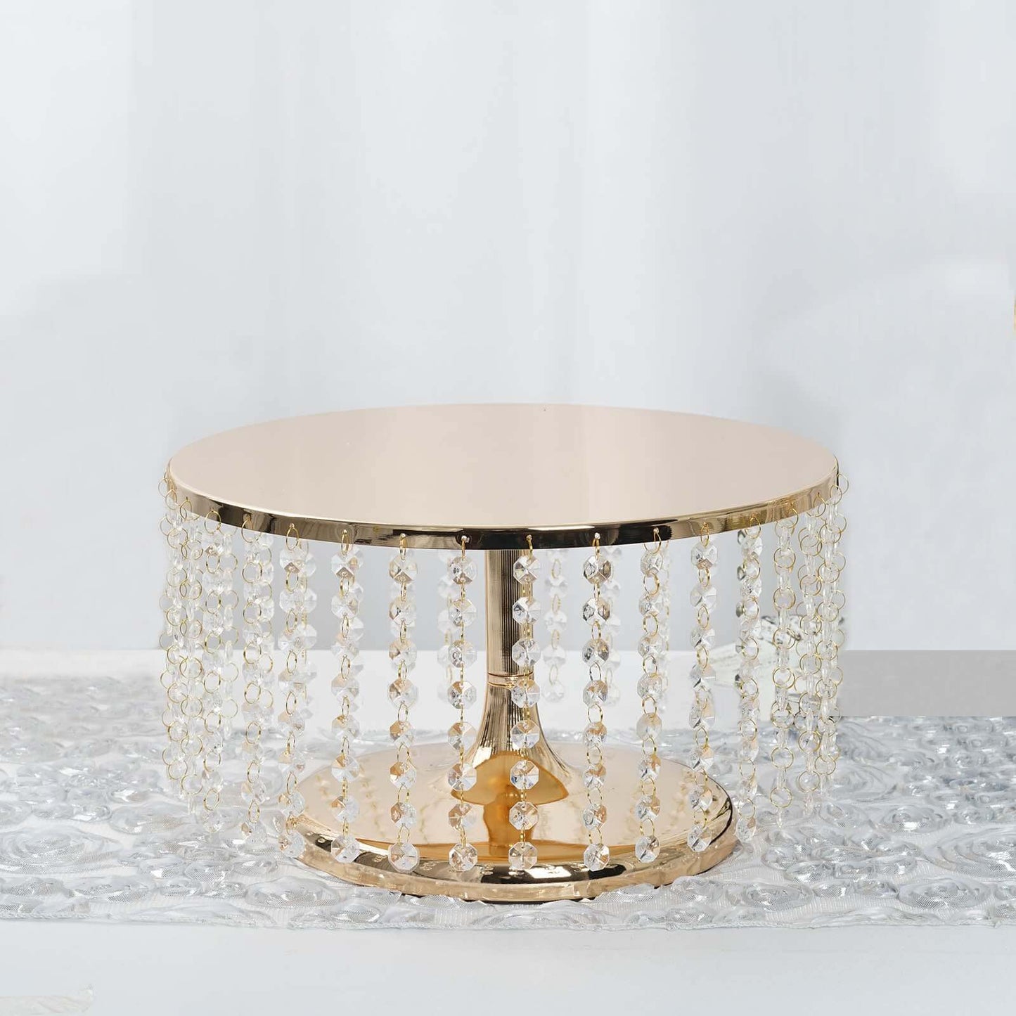 Metal Cake Stand Round Design Metallic Gold with Crystal Chains 14" Dia - Cupcake Dessert Pedestal 8" Tall - Linen Luxes