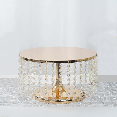 Metal Cake Stand Round Design Metallic Gold with Crystal Chains 14" Dia - Cupcake Dessert Pedestal 8" Tall - Linen Luxes