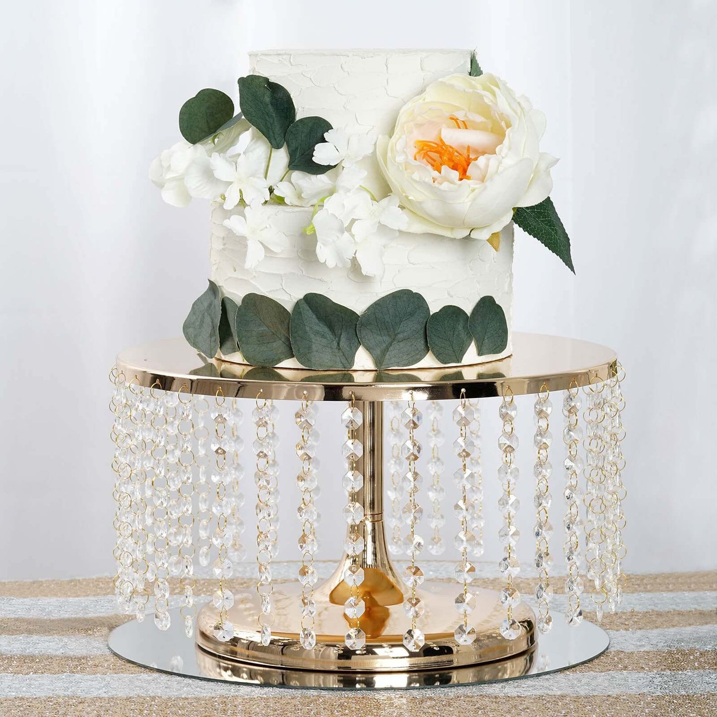 Metal Cake Stand Round Design Metallic Gold with Crystal Chains 14" Dia - Cupcake Dessert Pedestal 8" Tall - Linen Luxes