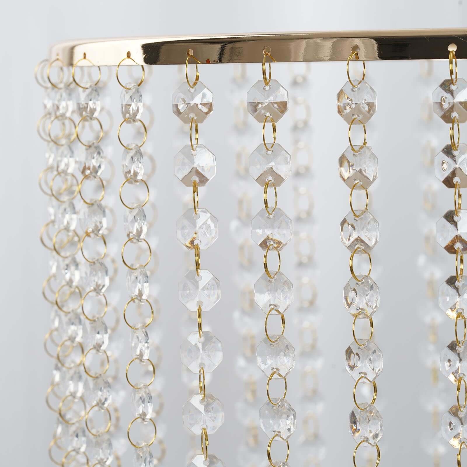 Metal Cake Stand Round Design Metallic Gold with Crystal Chains 14" Dia - Cupcake Dessert Pedestal 8" Tall - Linen Luxes