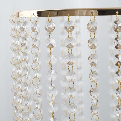 Metal Cake Stand Round Design Metallic Gold with Crystal Chains 14" Dia - Cupcake Dessert Pedestal 8" Tall - Linen Luxes