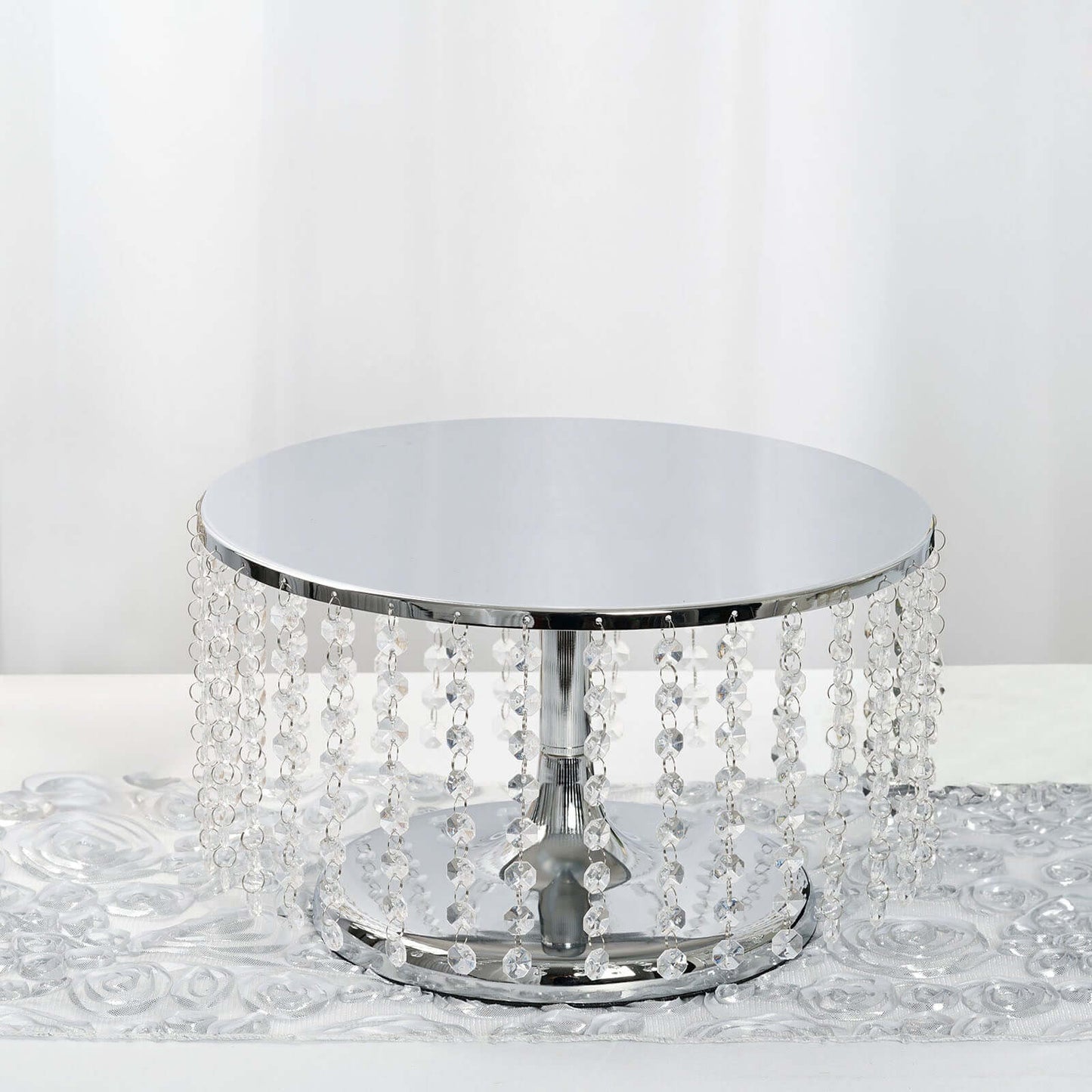 Metal Cake Stand Round Design Metallic Silver with Crystal Chains 14" Dia - Cupcake Dessert Pedestal 8" Tall - Linen Luxes