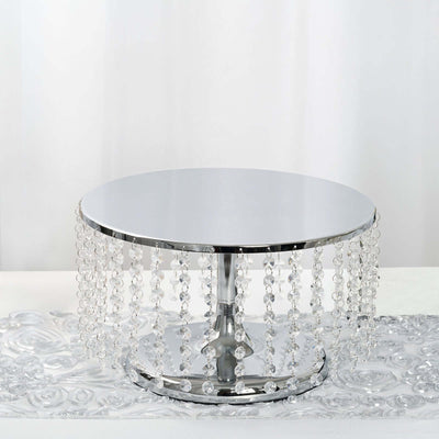 Metal Cake Stand Round Design Metallic Silver with Crystal Chains 14" Dia - Cupcake Dessert Pedestal 8" Tall - Linen Luxes