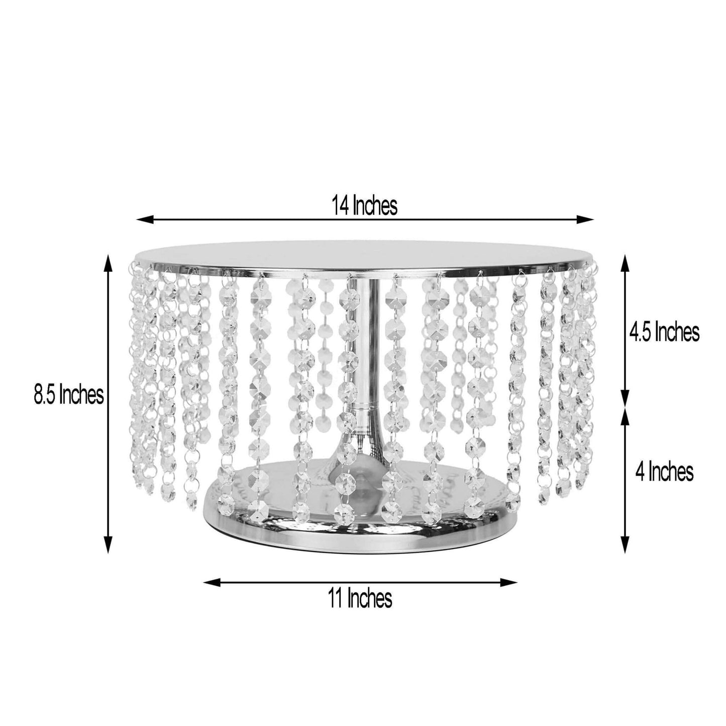 Metal Cake Stand Round Design Metallic Silver with Crystal Chains 14" Dia - Cupcake Dessert Pedestal 8" Tall - Linen Luxes