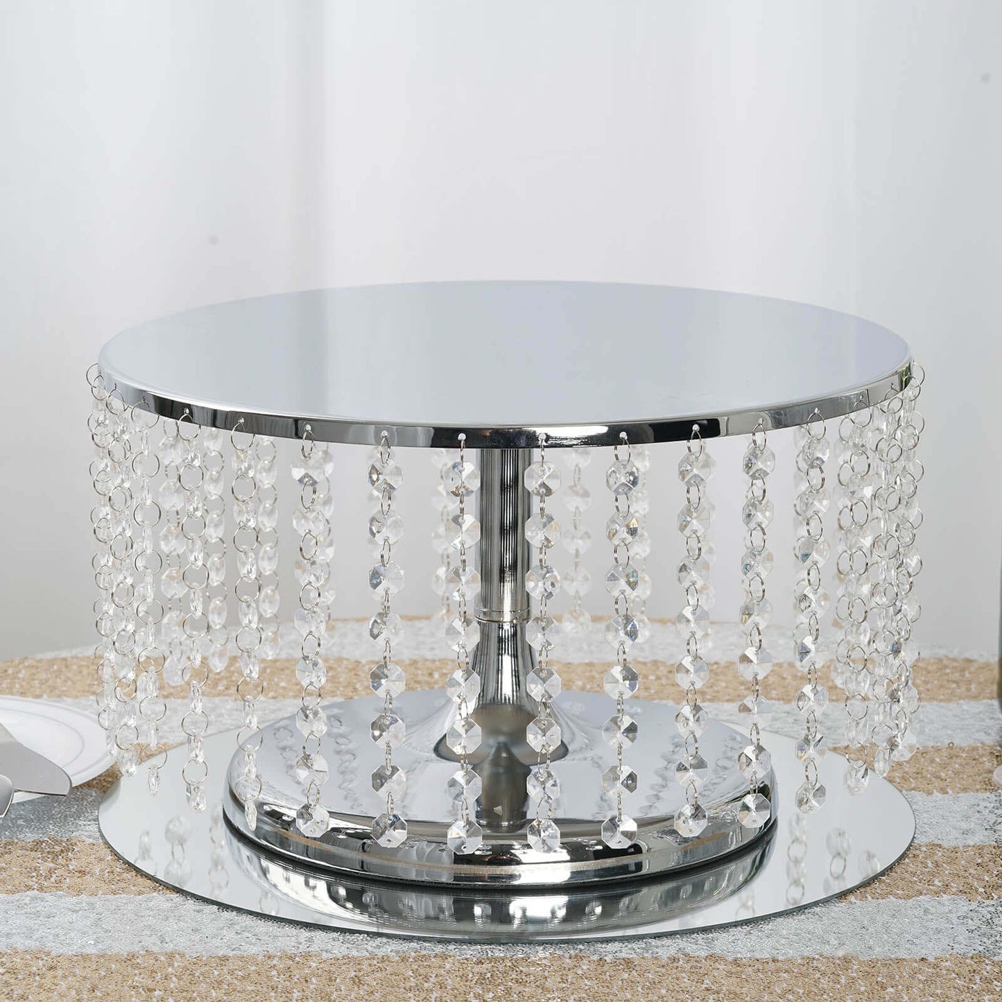 Metal Cake Stand Round Design Metallic Silver with Crystal Chains 14" Dia - Cupcake Dessert Pedestal 8" Tall - Linen Luxes
