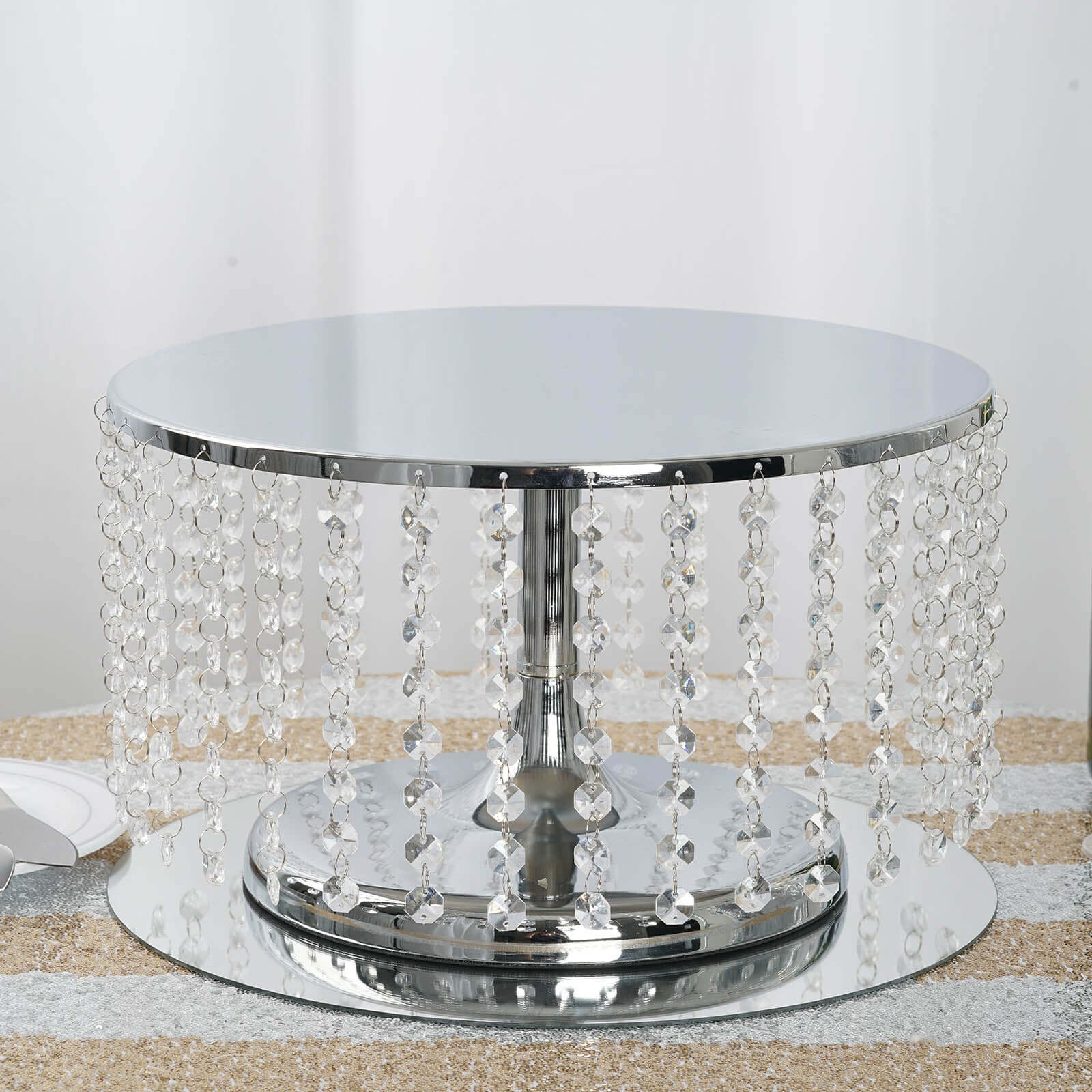 Metal Cake Stand Round Design Metallic Silver with Crystal Chains 14" Dia - Cupcake Dessert Pedestal 8" Tall - Linen Luxes