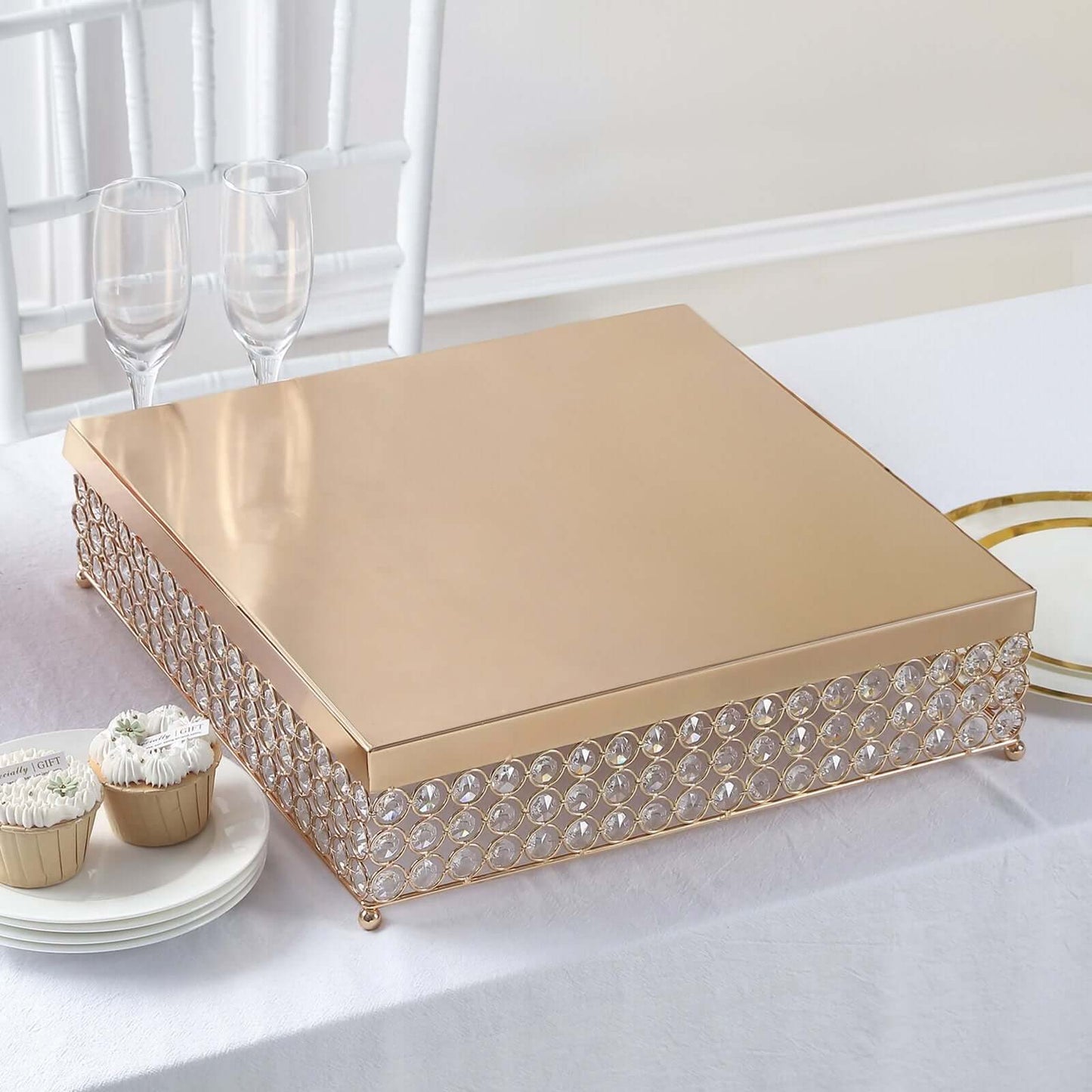 Metal Cake Stand Square Design with Crystal Beads Gold - Dessert Pedestal for Events 16" - Linen Luxes