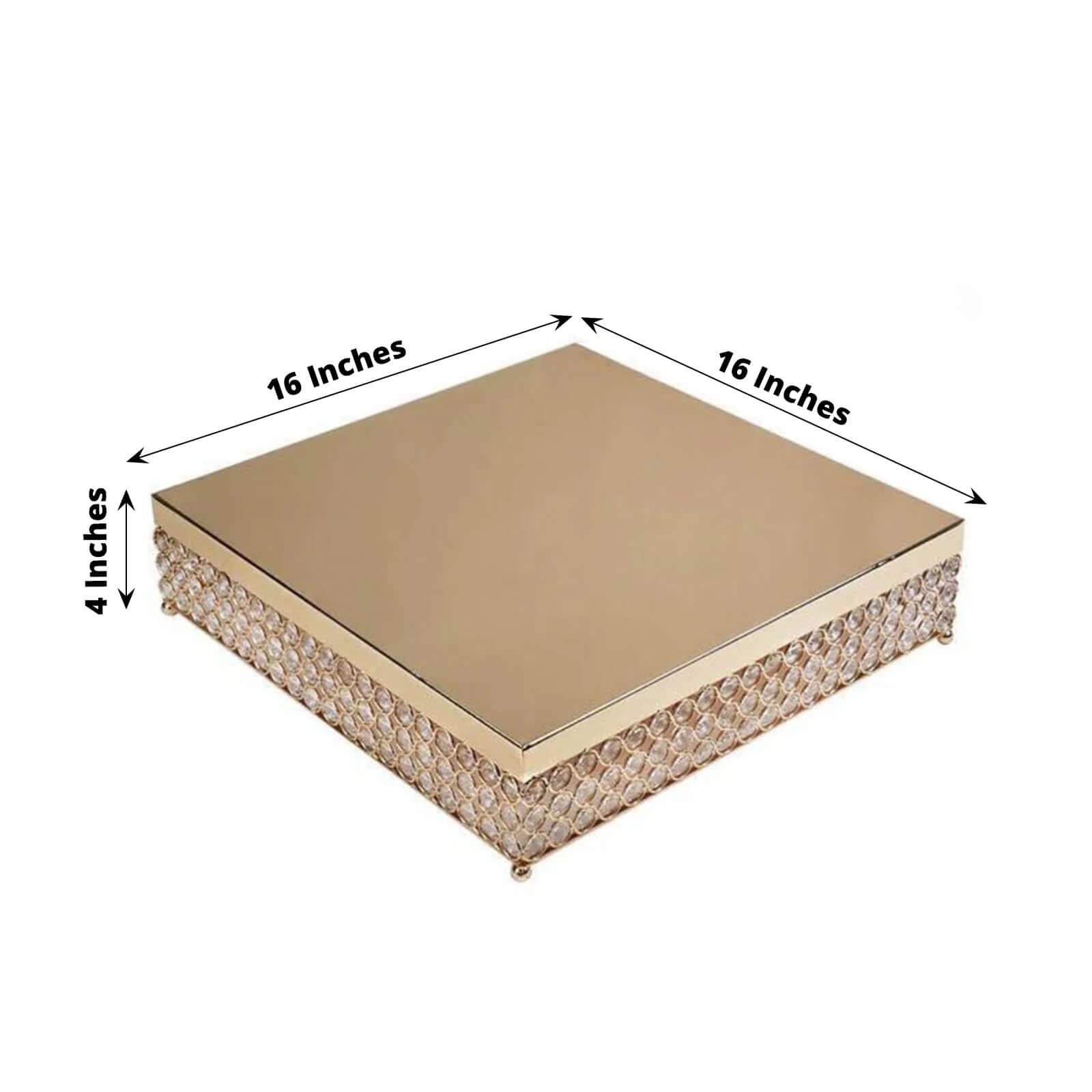 Metal Cake Stand Square Design with Crystal Beads Gold - Dessert Pedestal for Events 16" - Linen Luxes