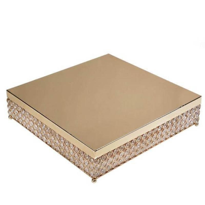Metal Cake Stand Square Design with Crystal Beads Gold - Dessert Pedestal for Events 16" - Linen Luxes