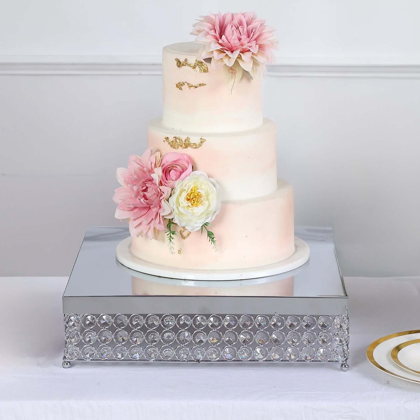 Metal Cake Stand Square Design with Crystal Beads Silver - Dessert Pedestal for Events 16" - Linen Luxes