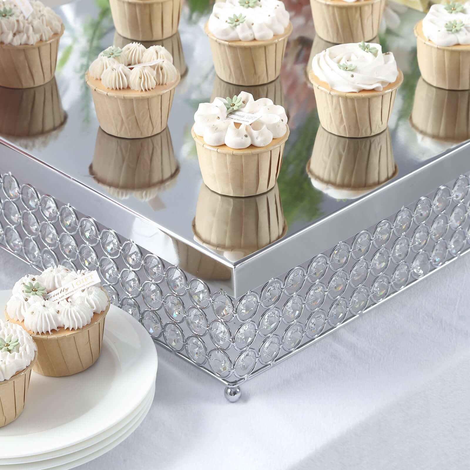 Metal Cake Stand Square Design with Crystal Beads Silver - Dessert Pedestal for Events 16" - Linen Luxes