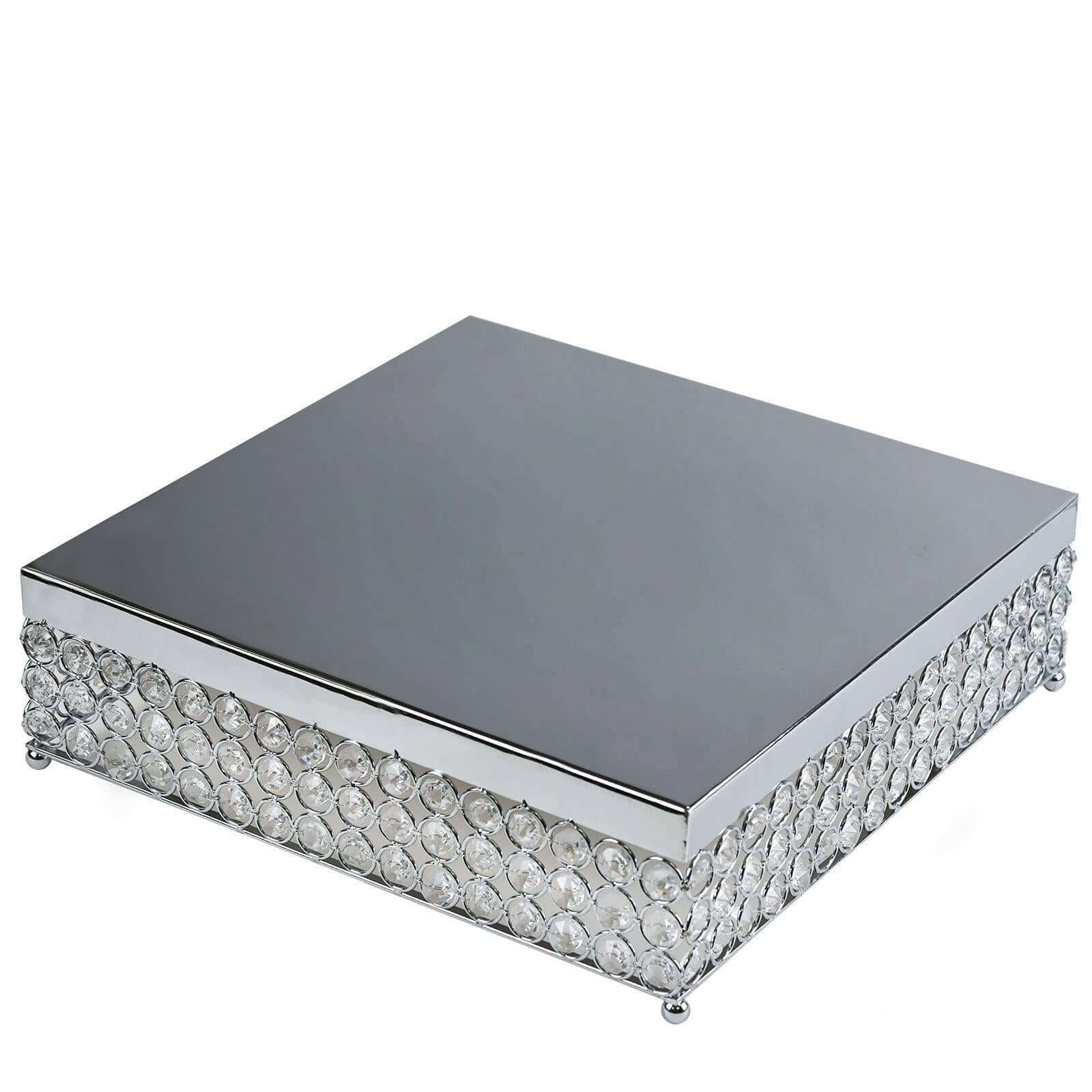 Metal Cake Stand Square Design with Crystal Beads Silver - Dessert Pedestal for Events 16" - Linen Luxes