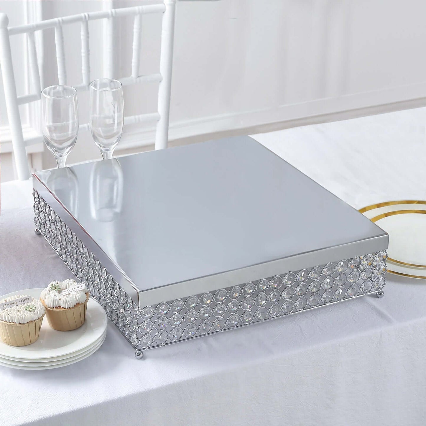 Metal Cake Stand Square Design with Crystal Beads Silver - Dessert Pedestal for Events 16" - Linen Luxes
