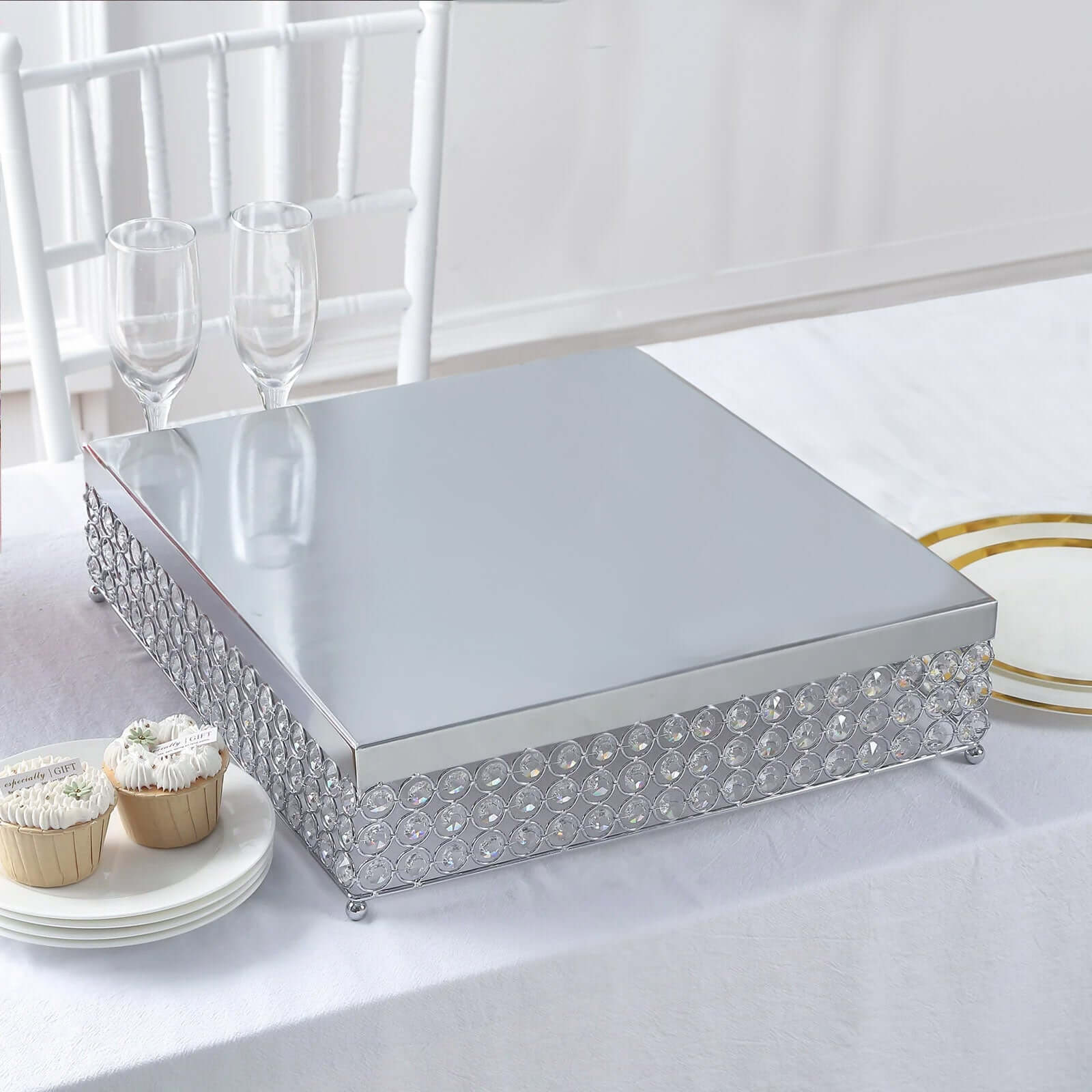 Metal Cake Stand Square Design with Crystal Beads Silver - Dessert Pedestal for Events 16" - Linen Luxes