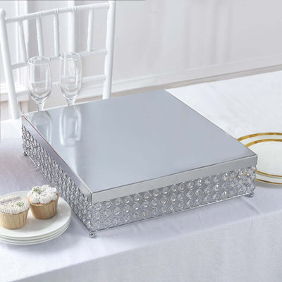 Metal Cake Stand Square Design with Crystal Beads Silver - Dessert Pedestal for Events 16" - Linen Luxes