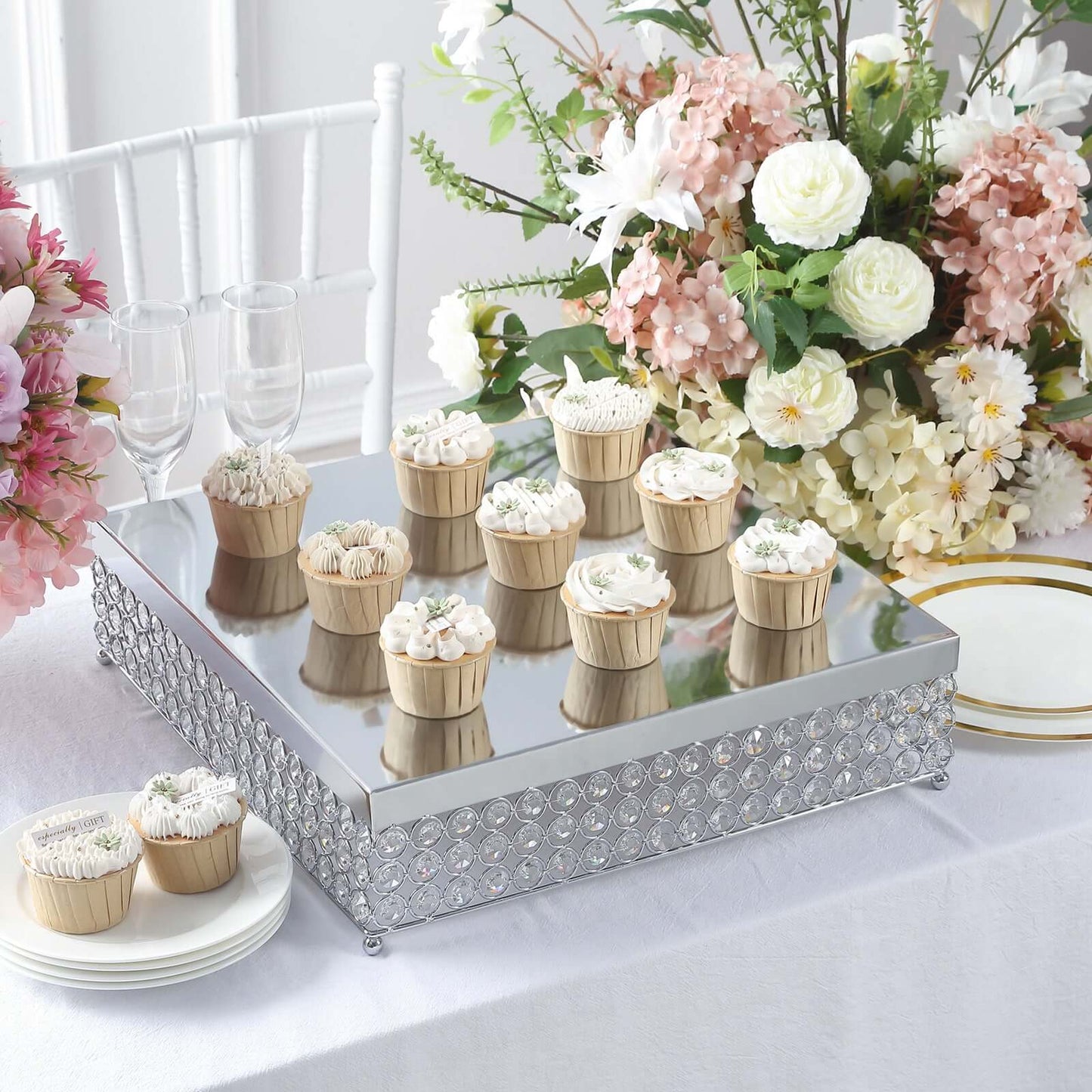 Metal Cake Stand Square Design with Crystal Beads Silver - Dessert Pedestal for Events 16" - Linen Luxes
