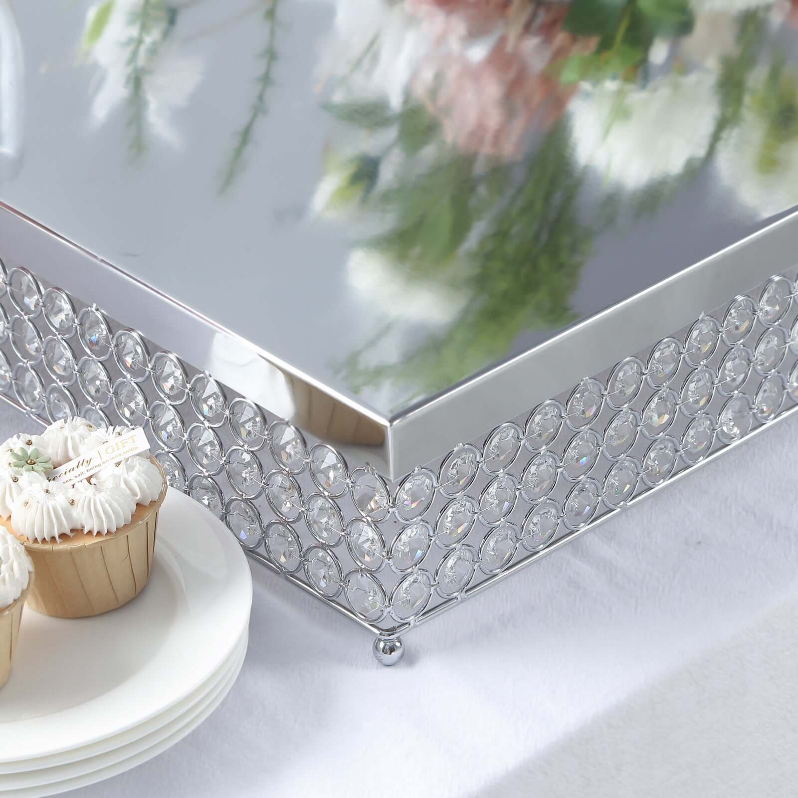 Metal Cake Stand Square Design with Crystal Beads Silver - Dessert Pedestal for Events 16" - Linen Luxes