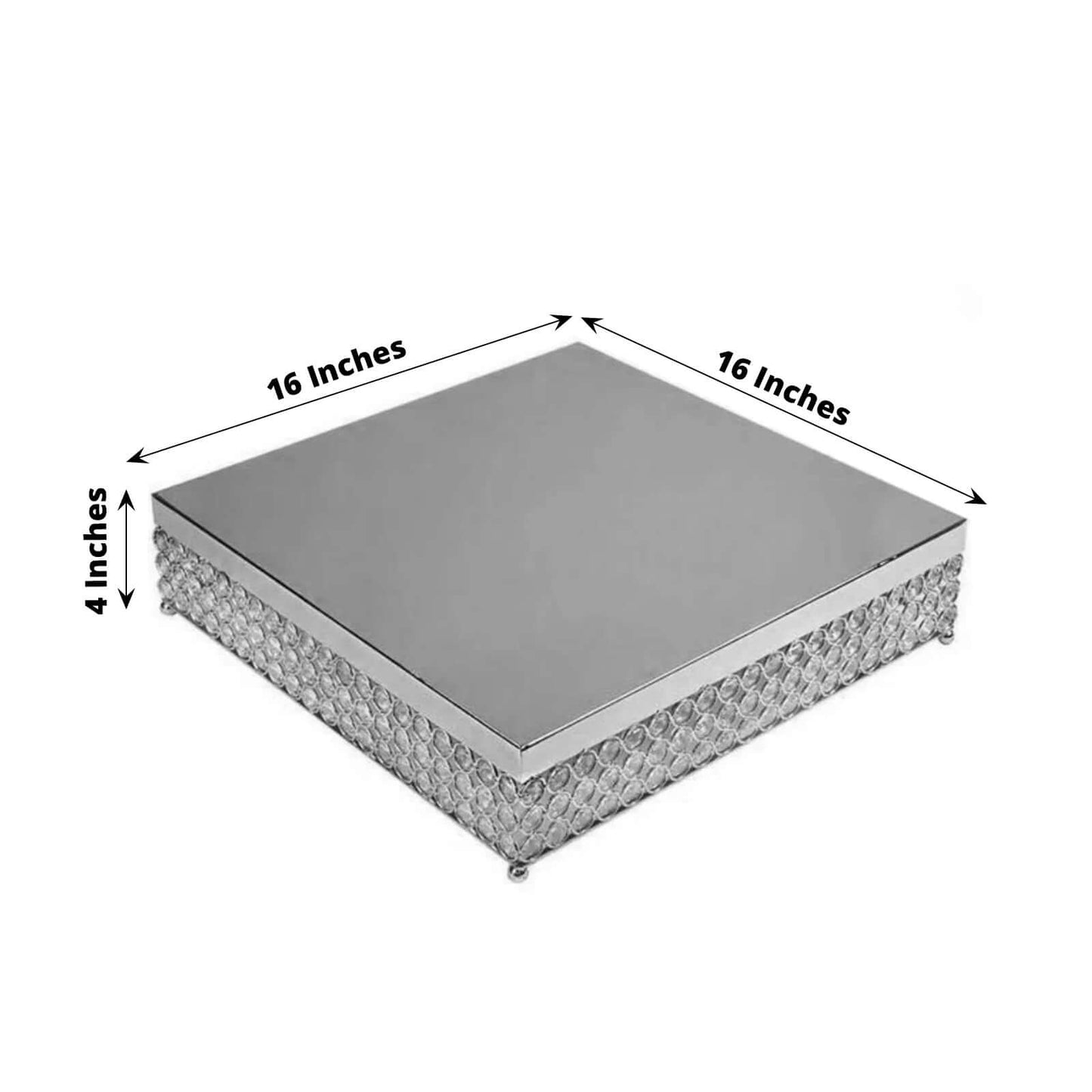 Metal Cake Stand Square Design with Crystal Beads Silver - Dessert Pedestal for Events 16" - Linen Luxes