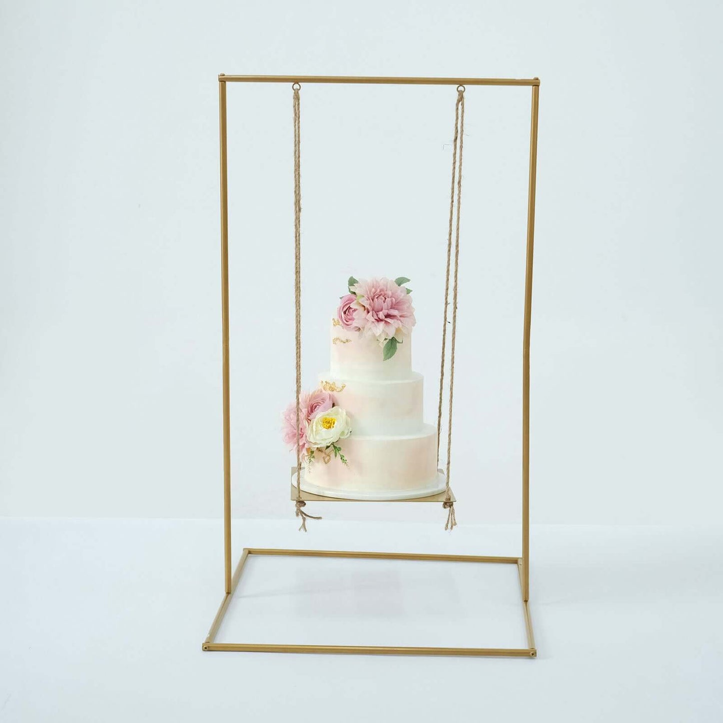 Metal Cake Swing Stand with Jute Rope Gold - Chic Hanging Dessert Display Centerpiece for Upscale Event Table Decor 3ft Tall