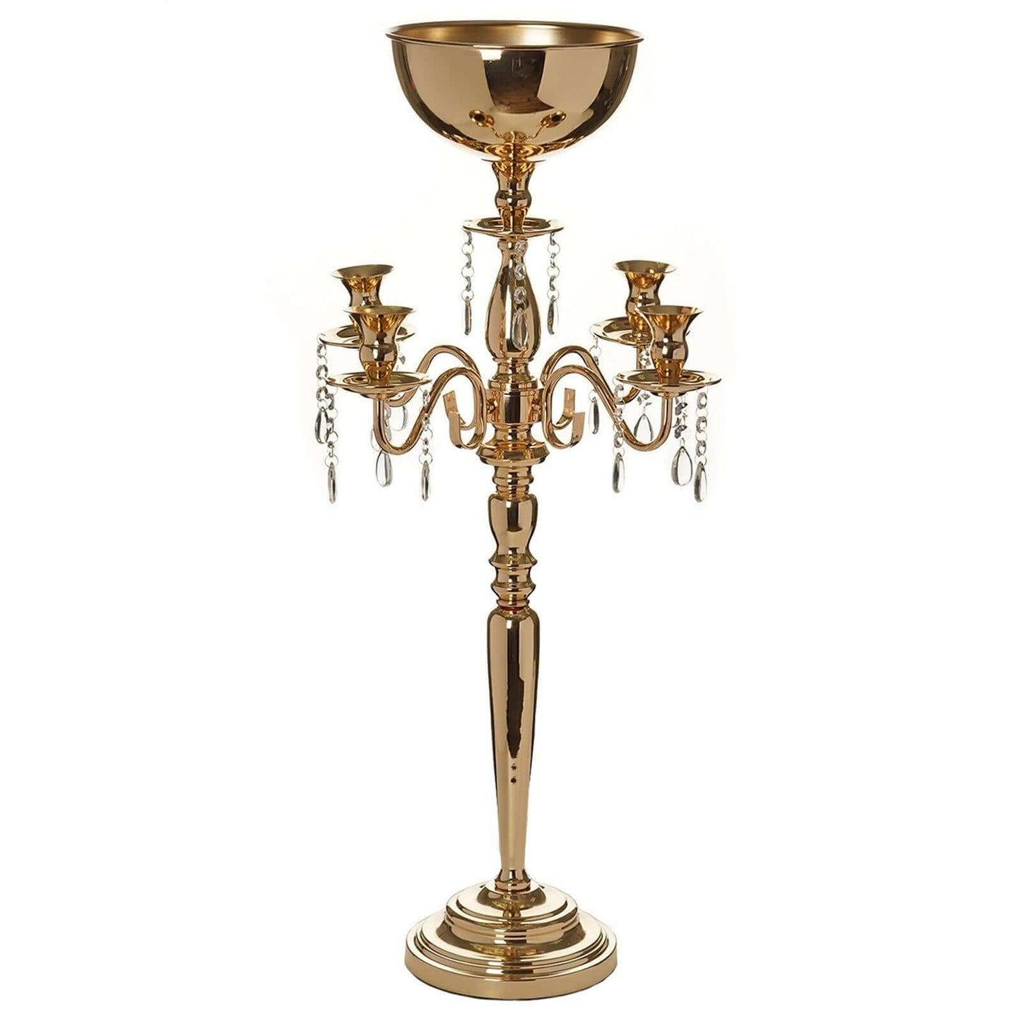 Metal Candelabra 4 Arm Design Gold with Flower Vase Bowl - Table Centerpiece for Weddings 33" - Linen Luxes