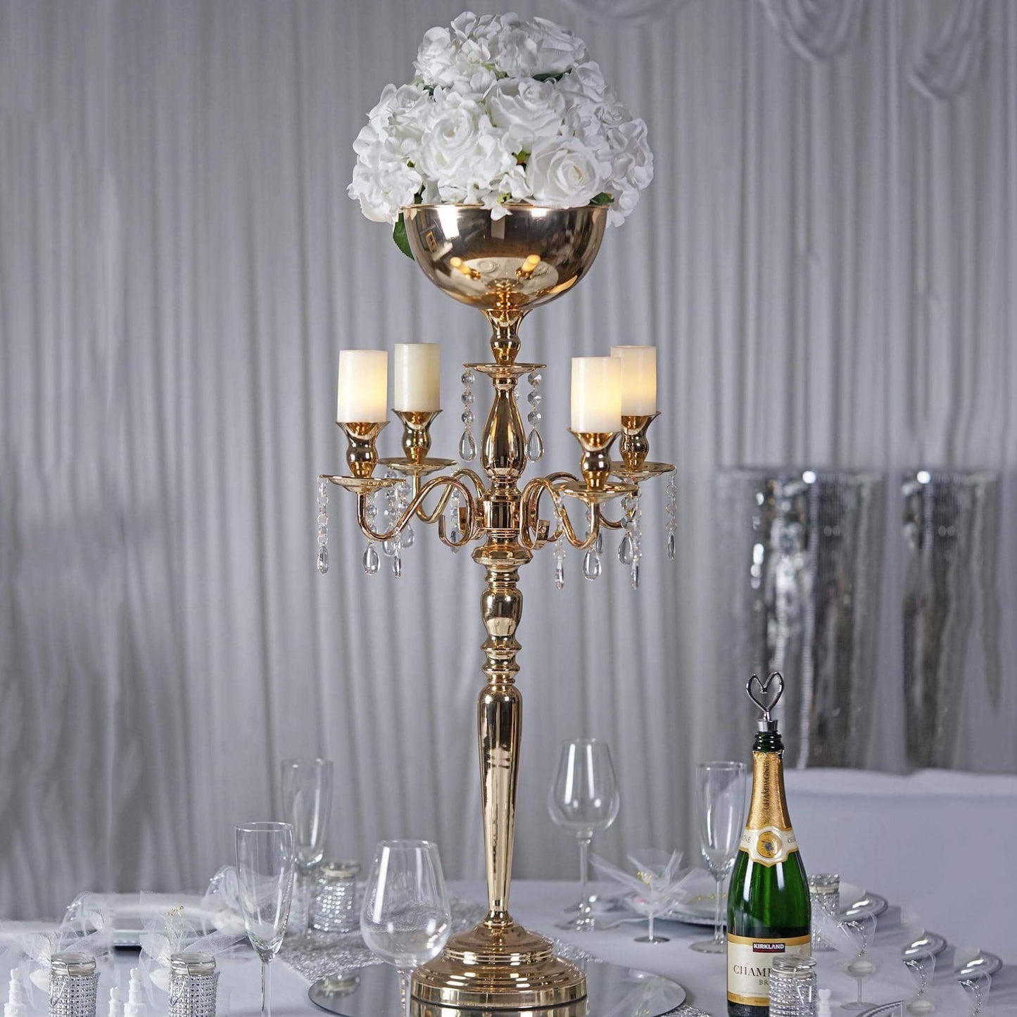 Metal Candelabra 4 Arm Design Gold with Flower Vase Bowl - Table Centerpiece for Weddings 33" - Linen Luxes