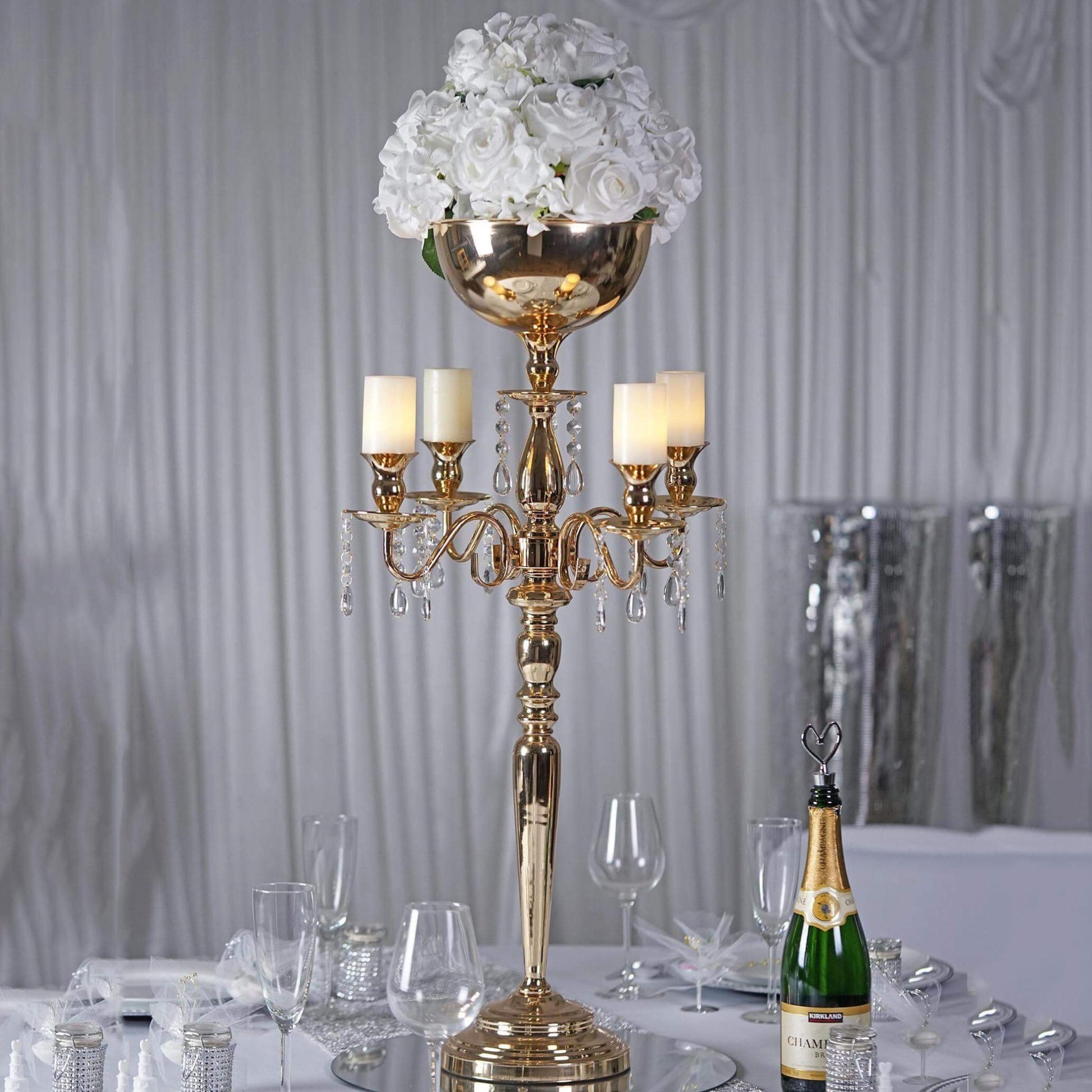 Metal Candelabra 4 Arm Design Gold with Flower Vase Bowl - Table Centerpiece for Weddings 33" - Linen Luxes