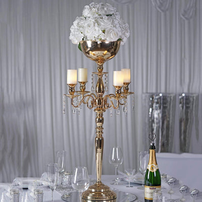 Metal Candelabra 4 Arm Design Gold with Flower Vase Bowl - Table Centerpiece for Weddings 33" - Linen Luxes