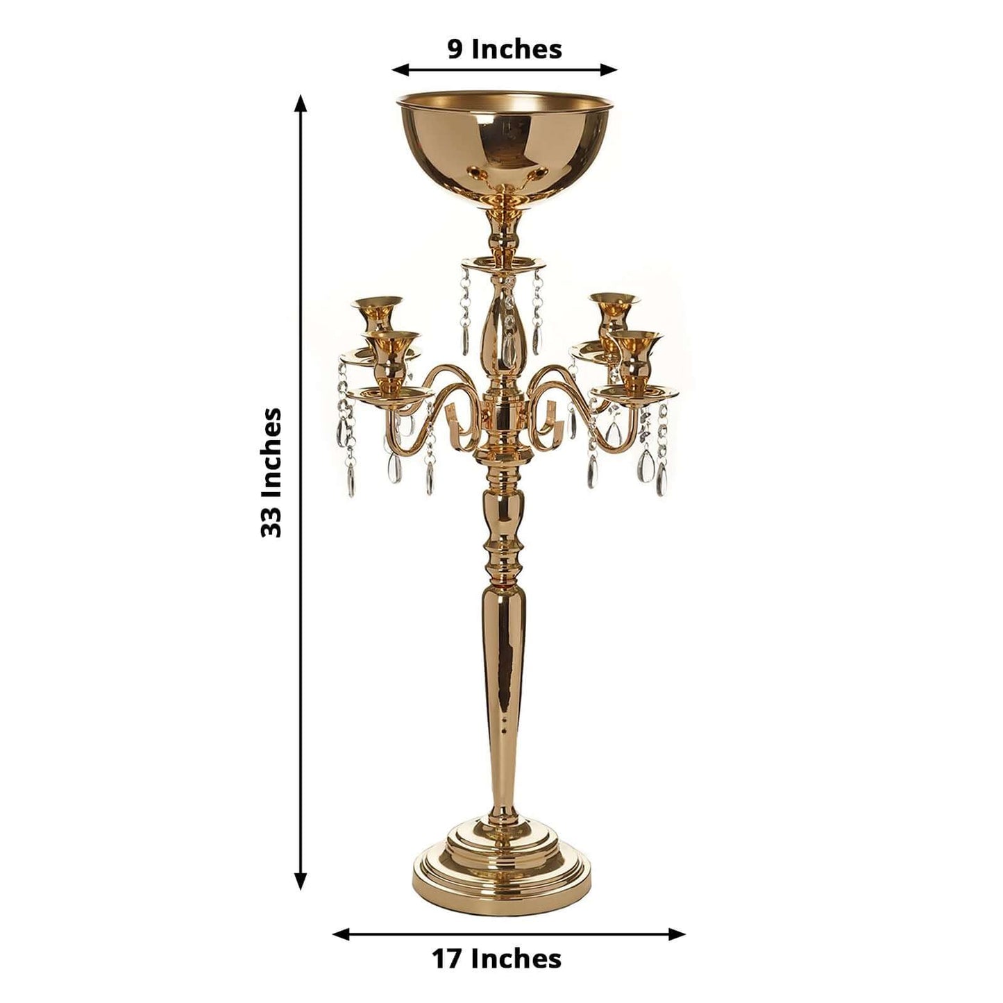 Metal Candelabra 4 Arm Design Gold with Flower Vase Bowl - Table Centerpiece for Weddings 33" - Linen Luxes