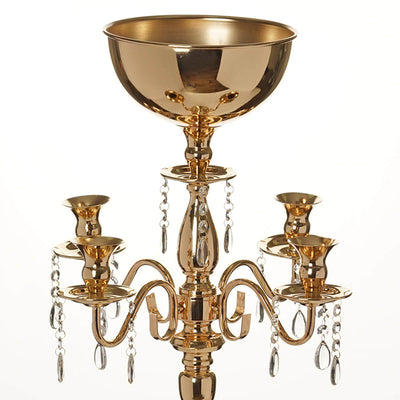 Metal Candelabra 4 Arm Design Gold with Flower Vase Bowl - Table Centerpiece for Weddings 33" - Linen Luxes