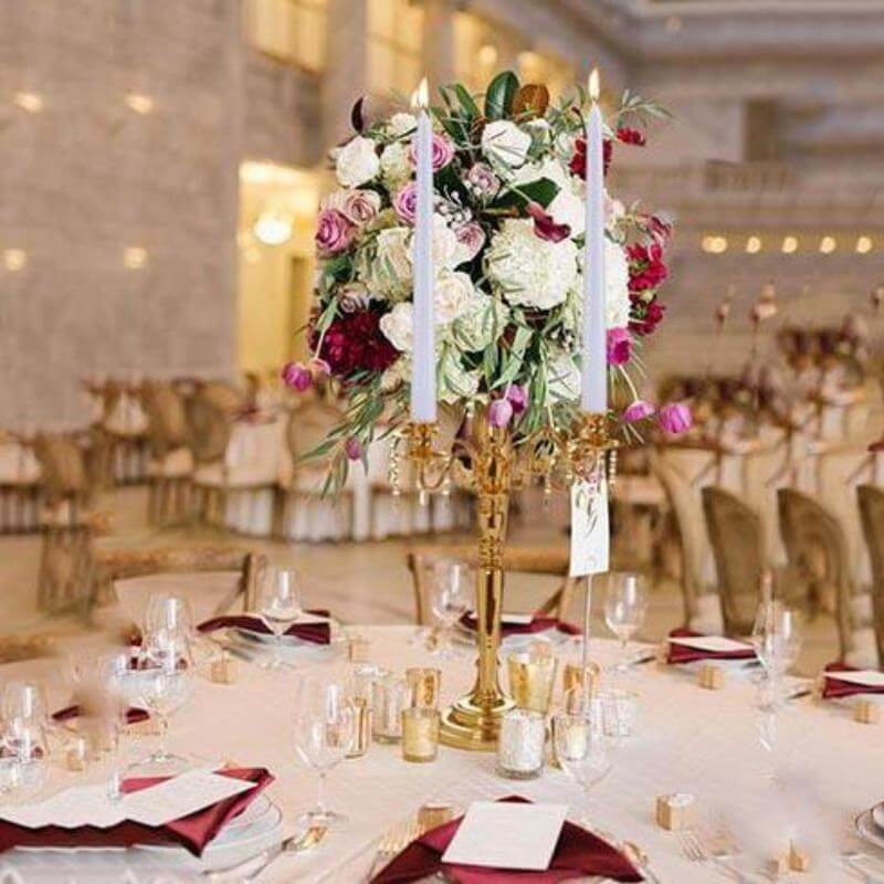Metal Candelabra 4 Arm Design Gold with Flower Vase Bowl - Table Centerpiece for Weddings 33" - Linen Luxes