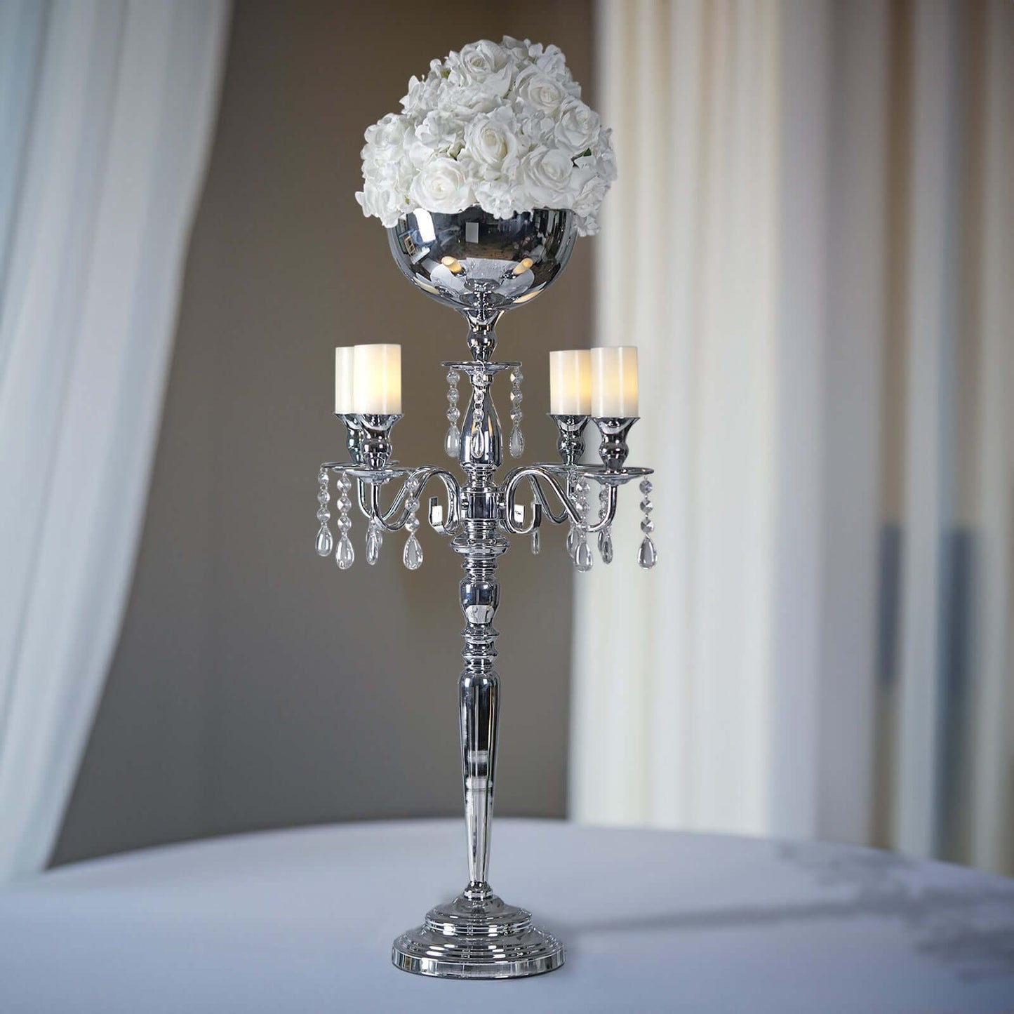 Metal Candelabra 4 Arm Design Silver with Flower Vase Bowl - Table Centerpiece for Weddings 33" - Linen Luxes