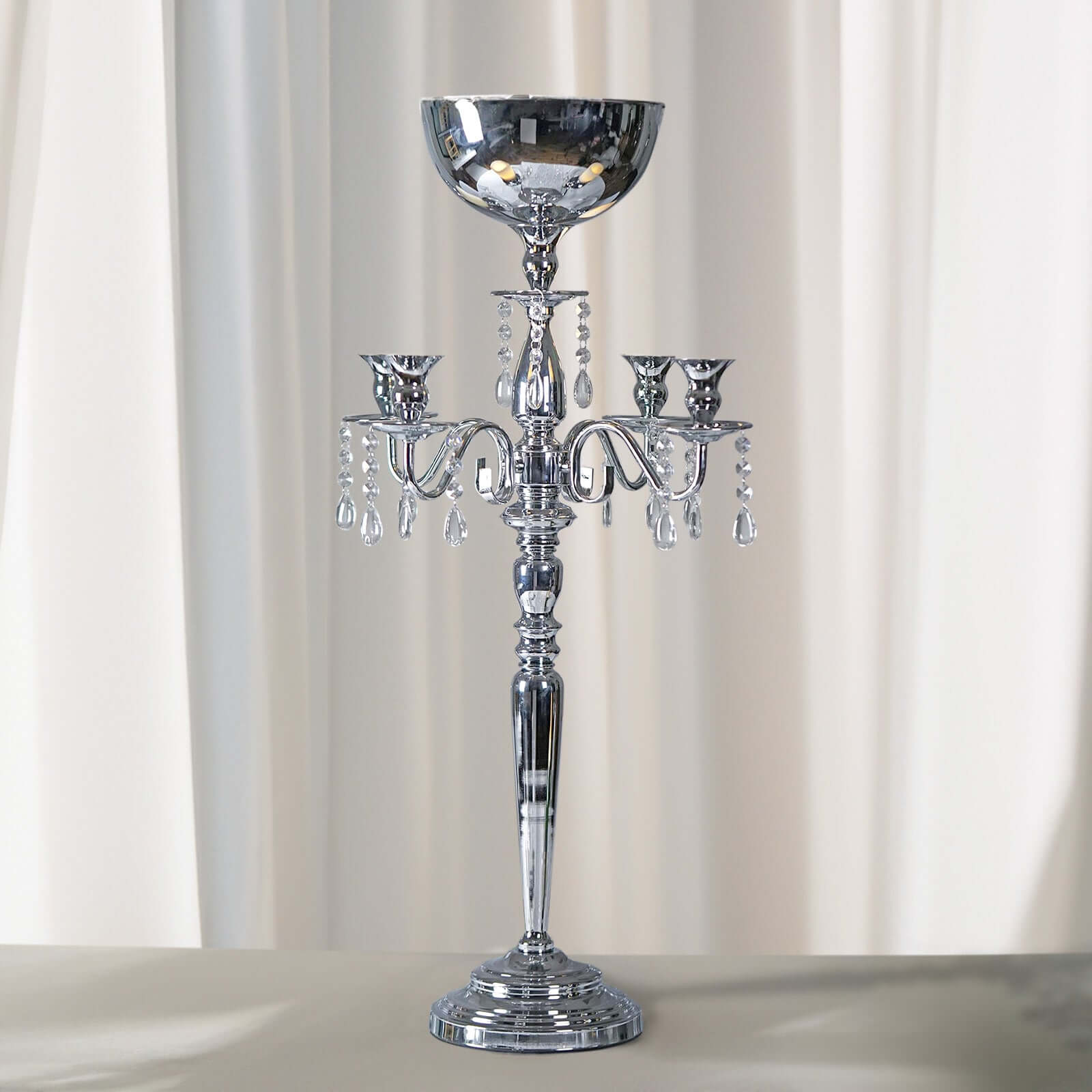 Metal Candelabra 4 Arm Design Silver with Flower Vase Bowl - Table Centerpiece for Weddings 33" - Linen Luxes