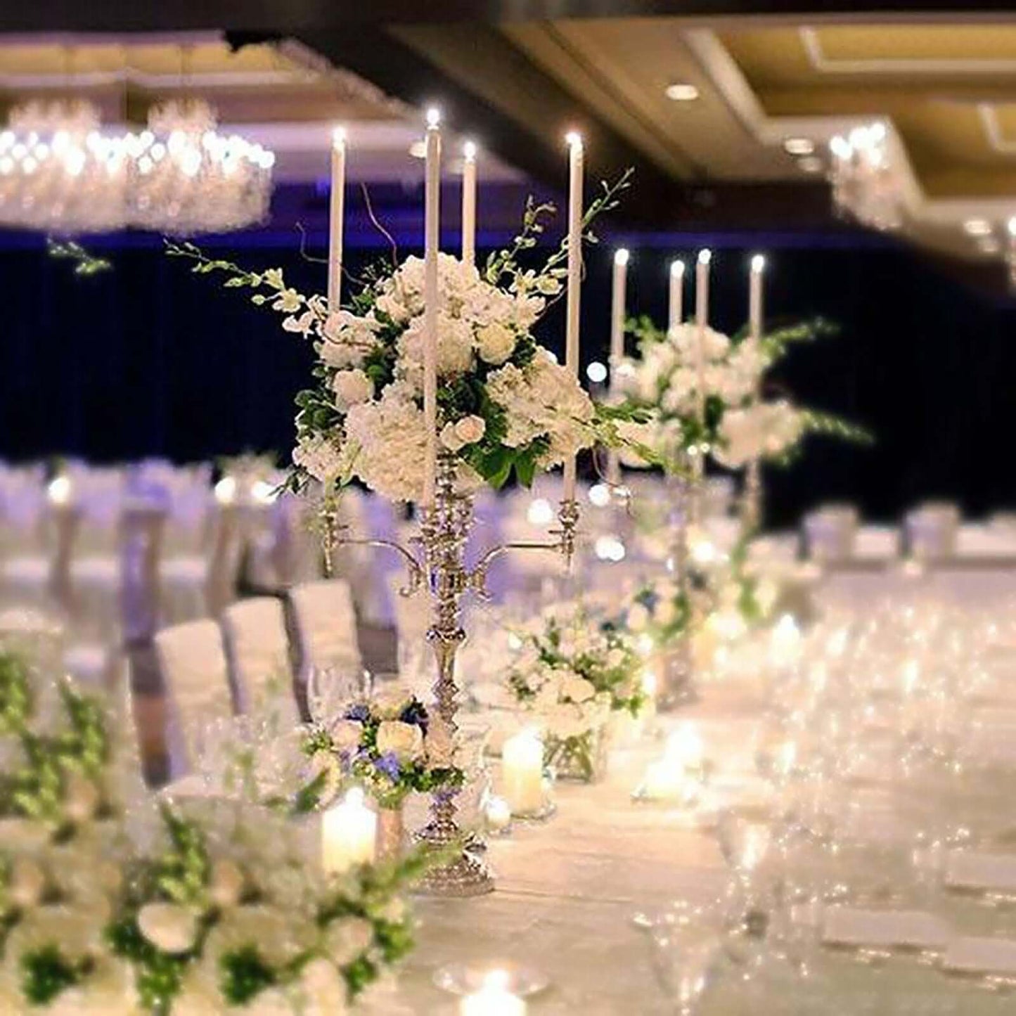 Metal Candelabra 4 Arm Design Silver with Flower Vase Bowl - Table Centerpiece for Weddings 33" - Linen Luxes