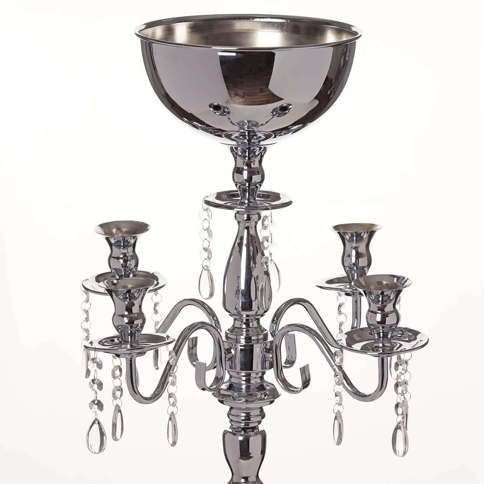 Metal Candelabra 4 Arm Design Silver with Flower Vase Bowl - Table Centerpiece for Weddings 33" - Linen Luxes