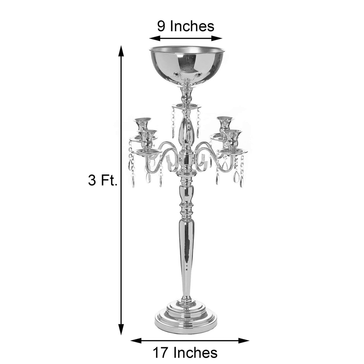 Metal Candelabra 4 Arm Design Silver with Flower Vase Bowl - Table Centerpiece for Weddings 33" - Linen Luxes